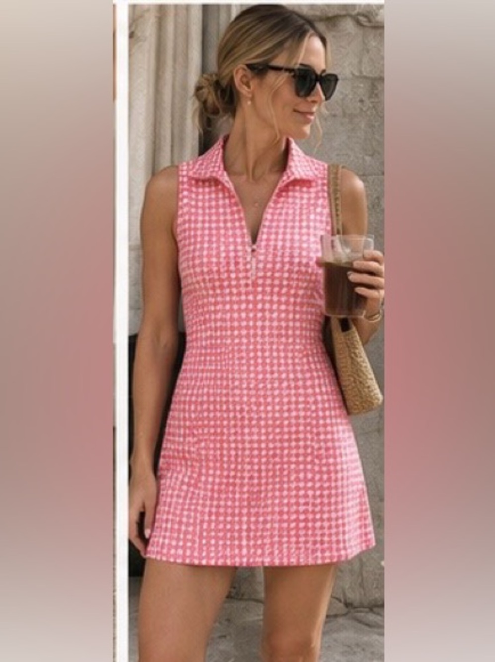 Pink Houndstooth Zip-Front Sleeveless Athletic Dress